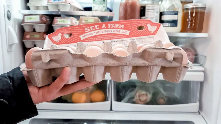 A carton of a dozen farm fresh eggs with an open fridge in the background
