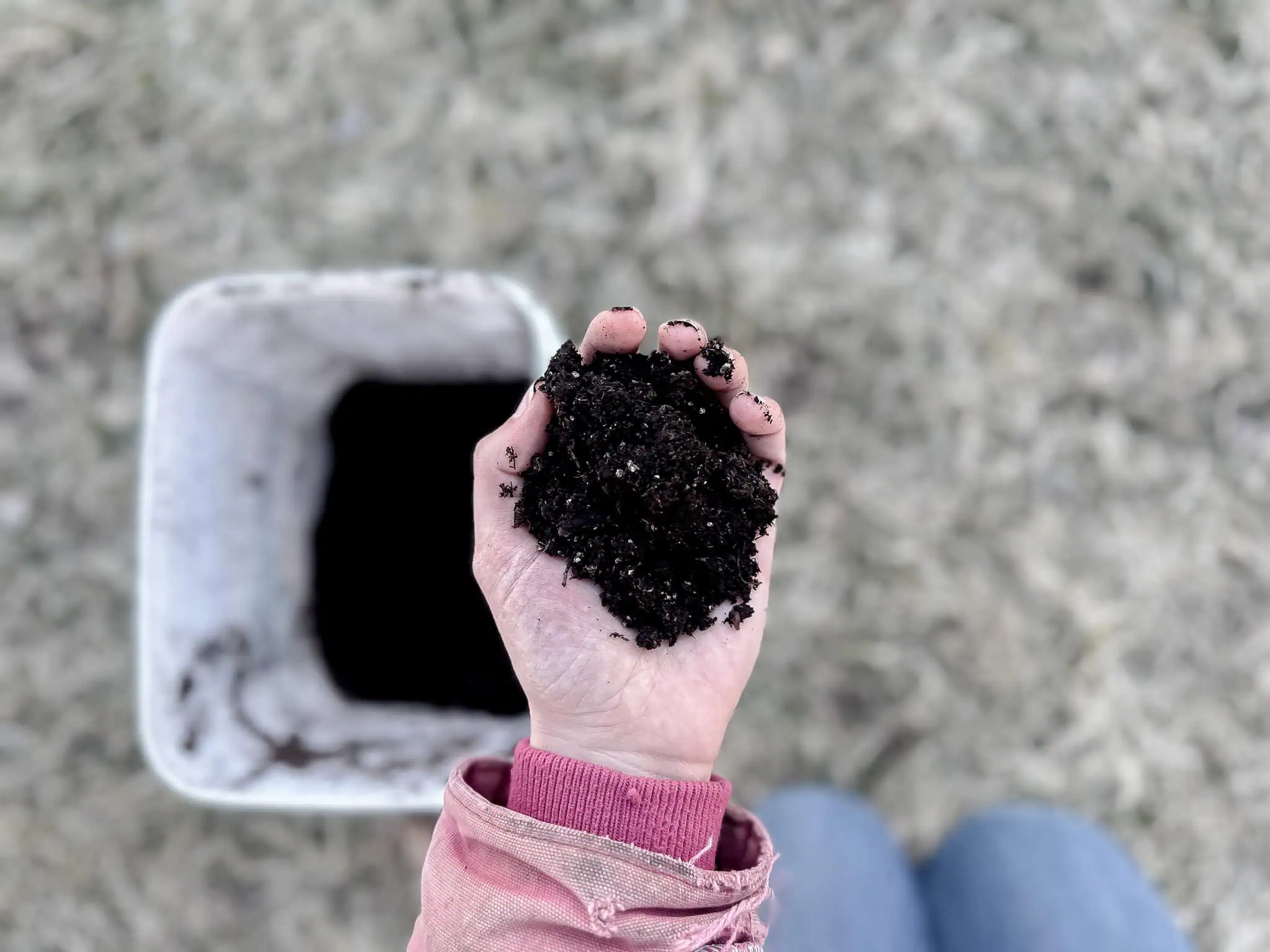 Holding a handful of moist soil.